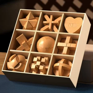 Wooden Kongming locks with mortise and tenon joints arranged in a wooden box, highlighting traditional Chinese craftsmanship